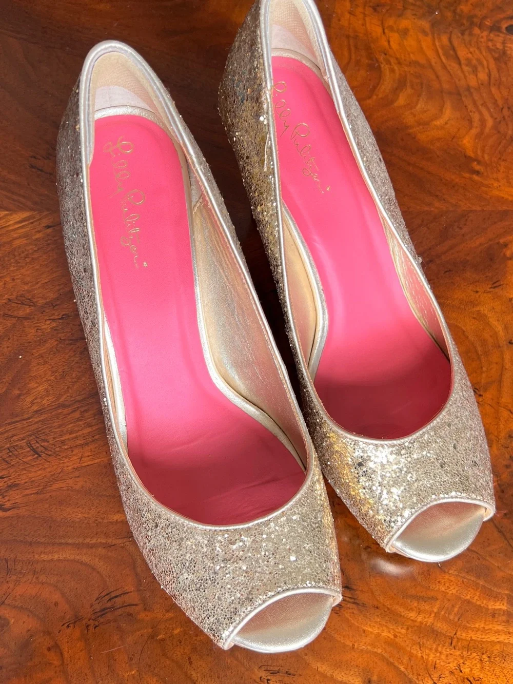 Lilly Pulitzer Gold Glitter Peep-Toe Wedges with Pink Insole